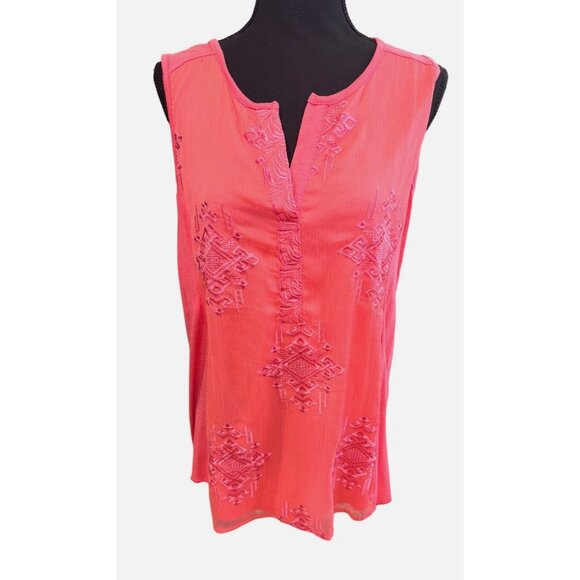 RXB Coral Sleeveless Tunic Top Embroidered Split Neckline L Resort Travel Casual - Picture 1 of 7